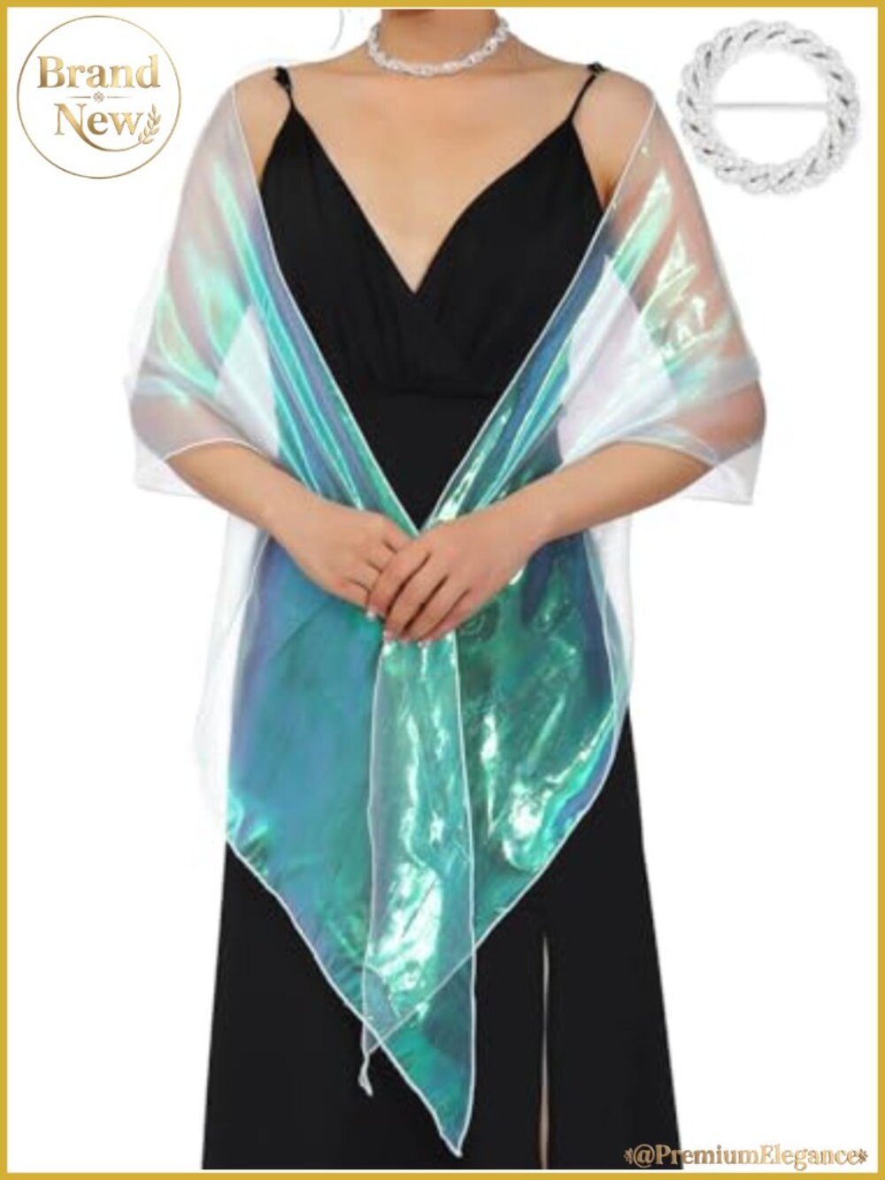 Sheer Evening Shawl Wrap with Rhinestone Brooch Wedding Bridal Stole